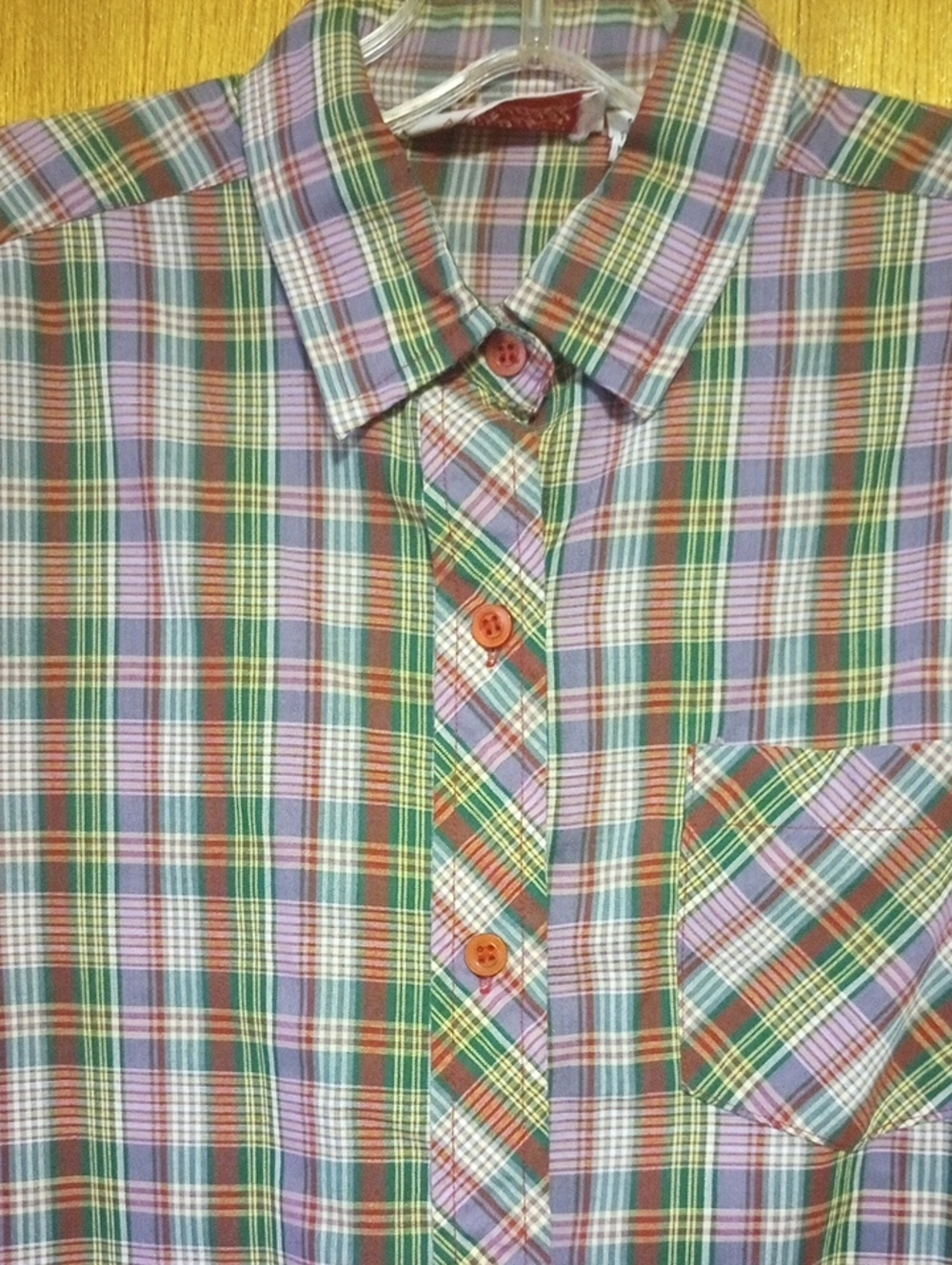 Radishes & Roses Vintage Retro Plaid Shirt. Red Green Purple White Yellow, Sz 11